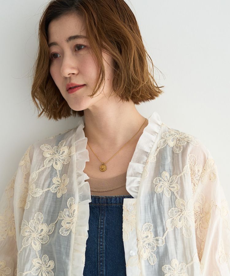 YECCA VECCA「フリルVネック刺繍シアーシャツ」|シャツ・ブラウス|