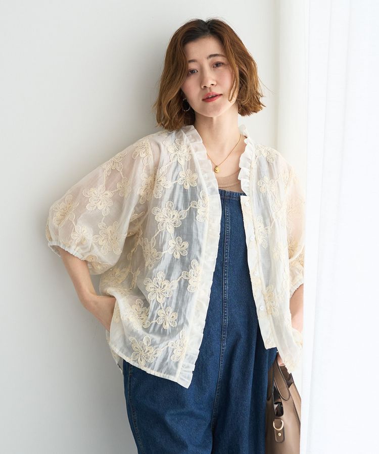 YECCA VECCA「フリルVネック刺繍シアーシャツ」|シャツ・ブラウス|