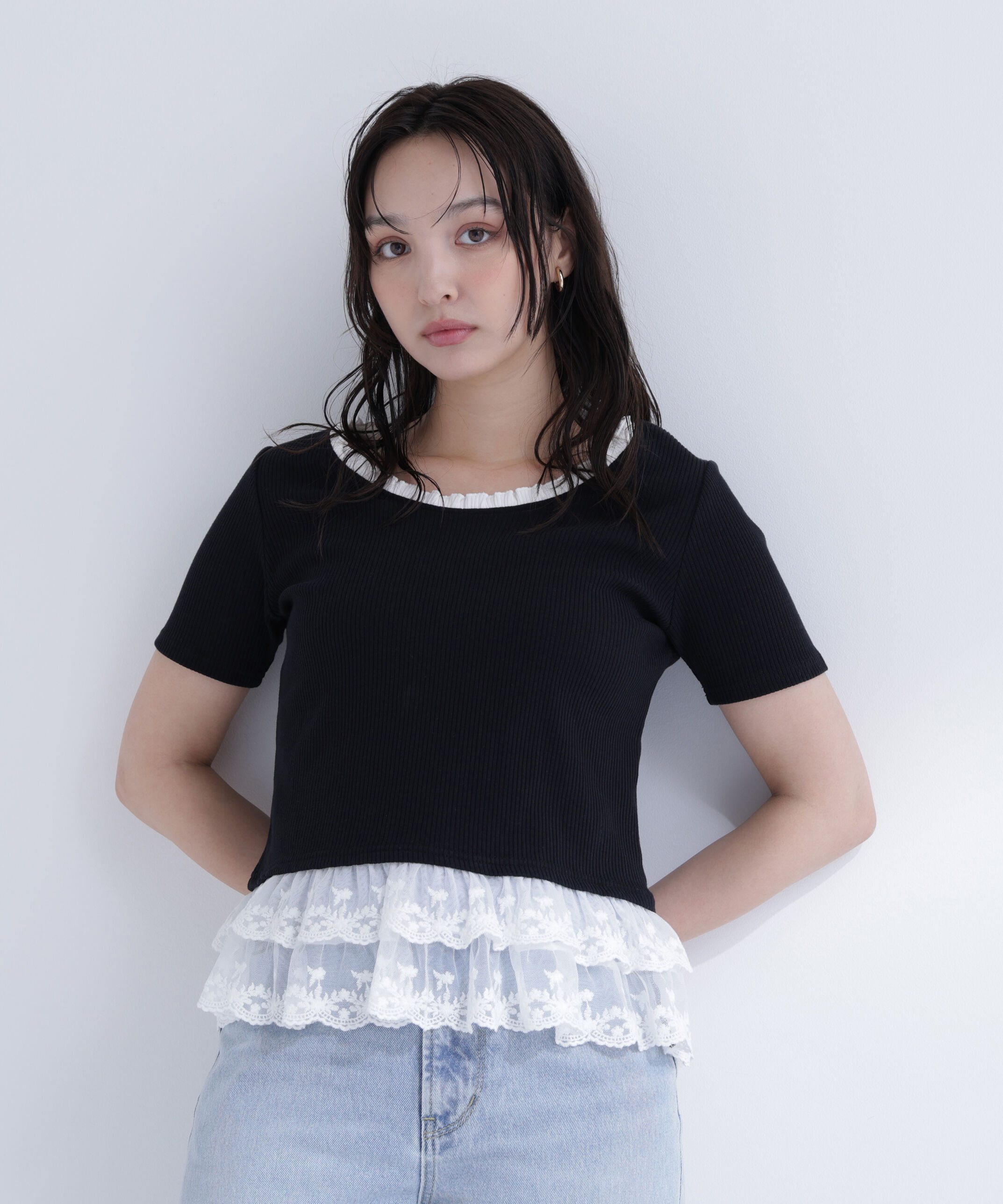  「レースドッキングフリルカットソー」|Tシャツ・カットソー|