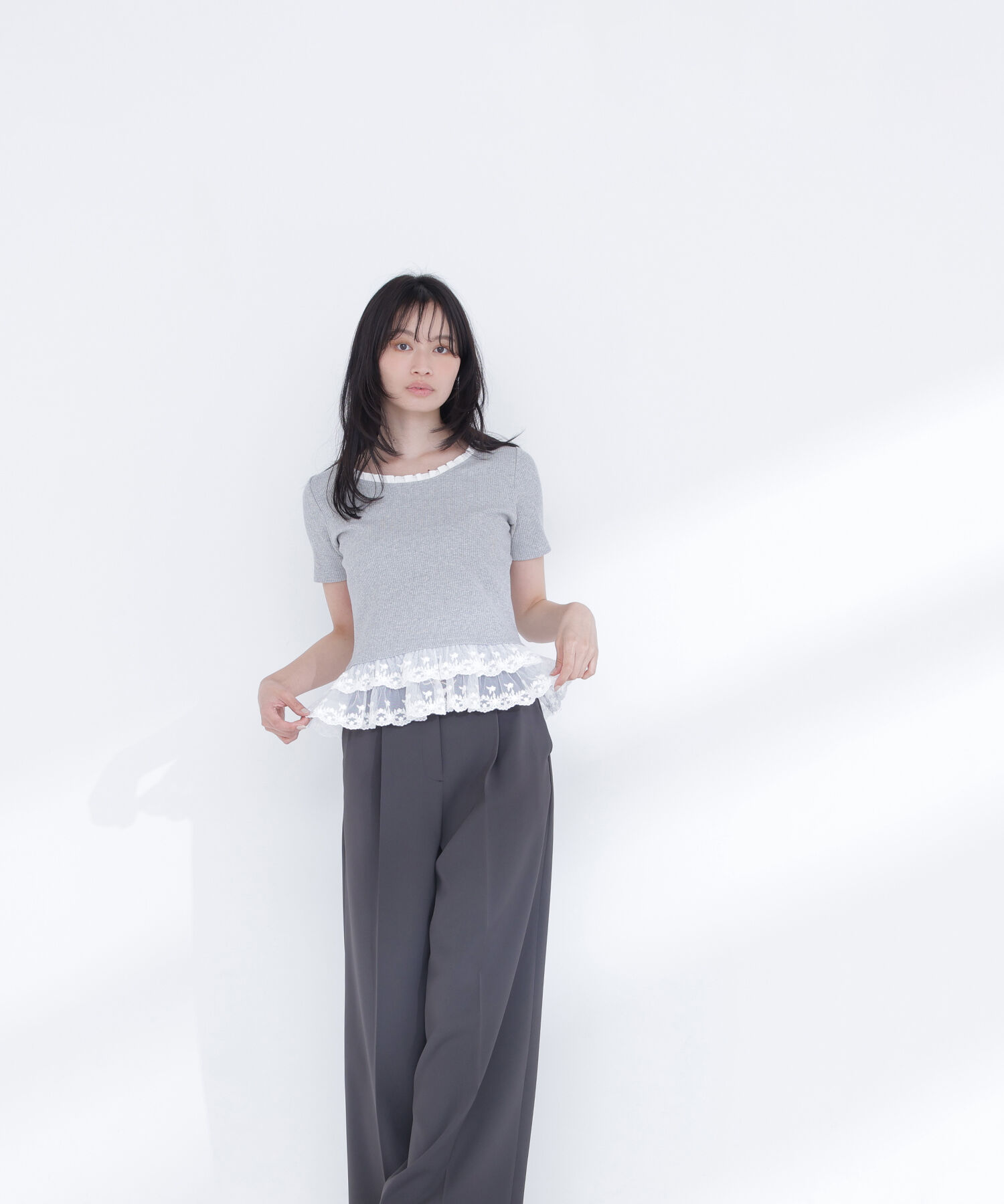  「レースドッキングフリルカットソー」|Tシャツ・カットソー|