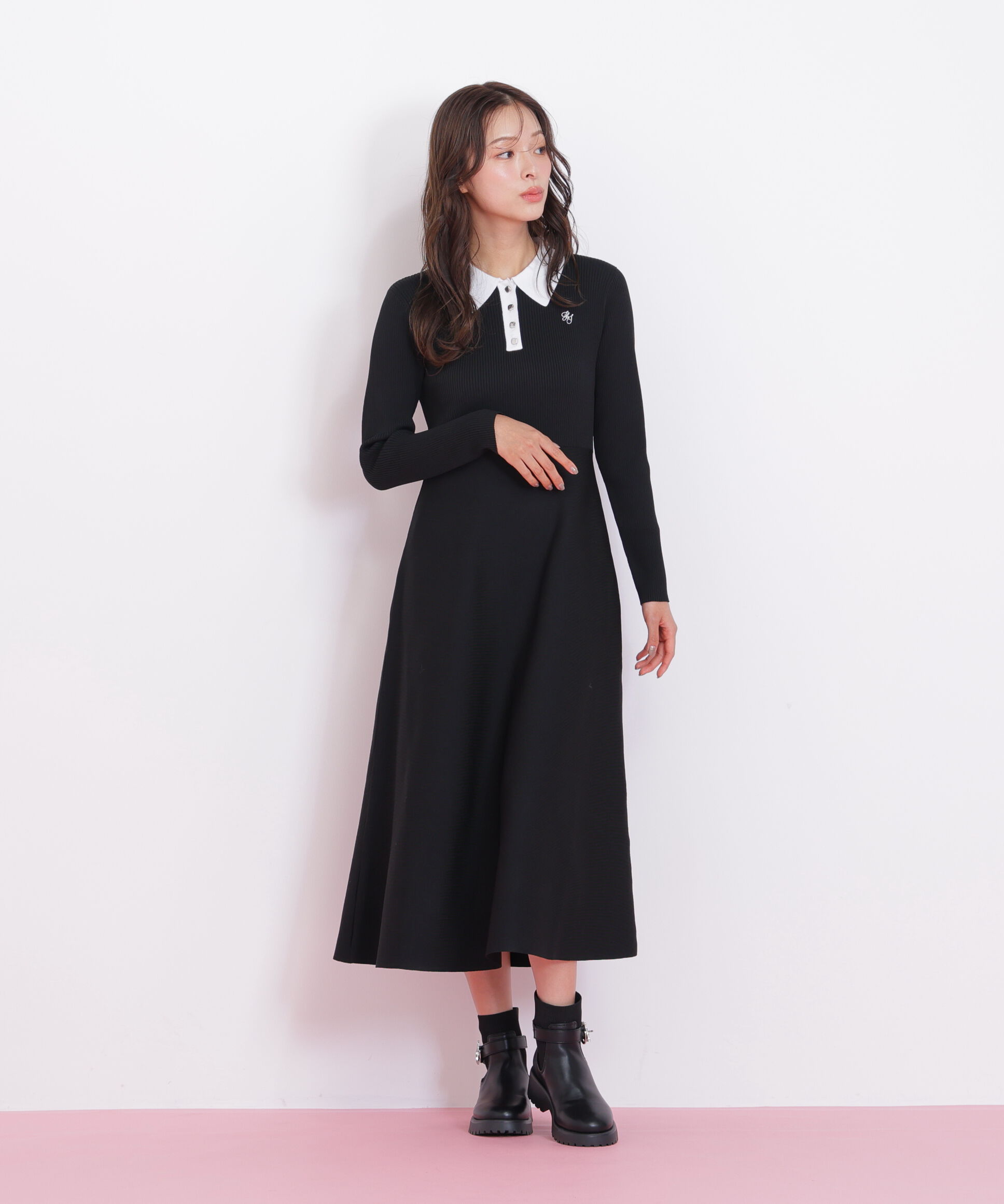  「長袖ポロネックニットワンピース」|ワンピース|