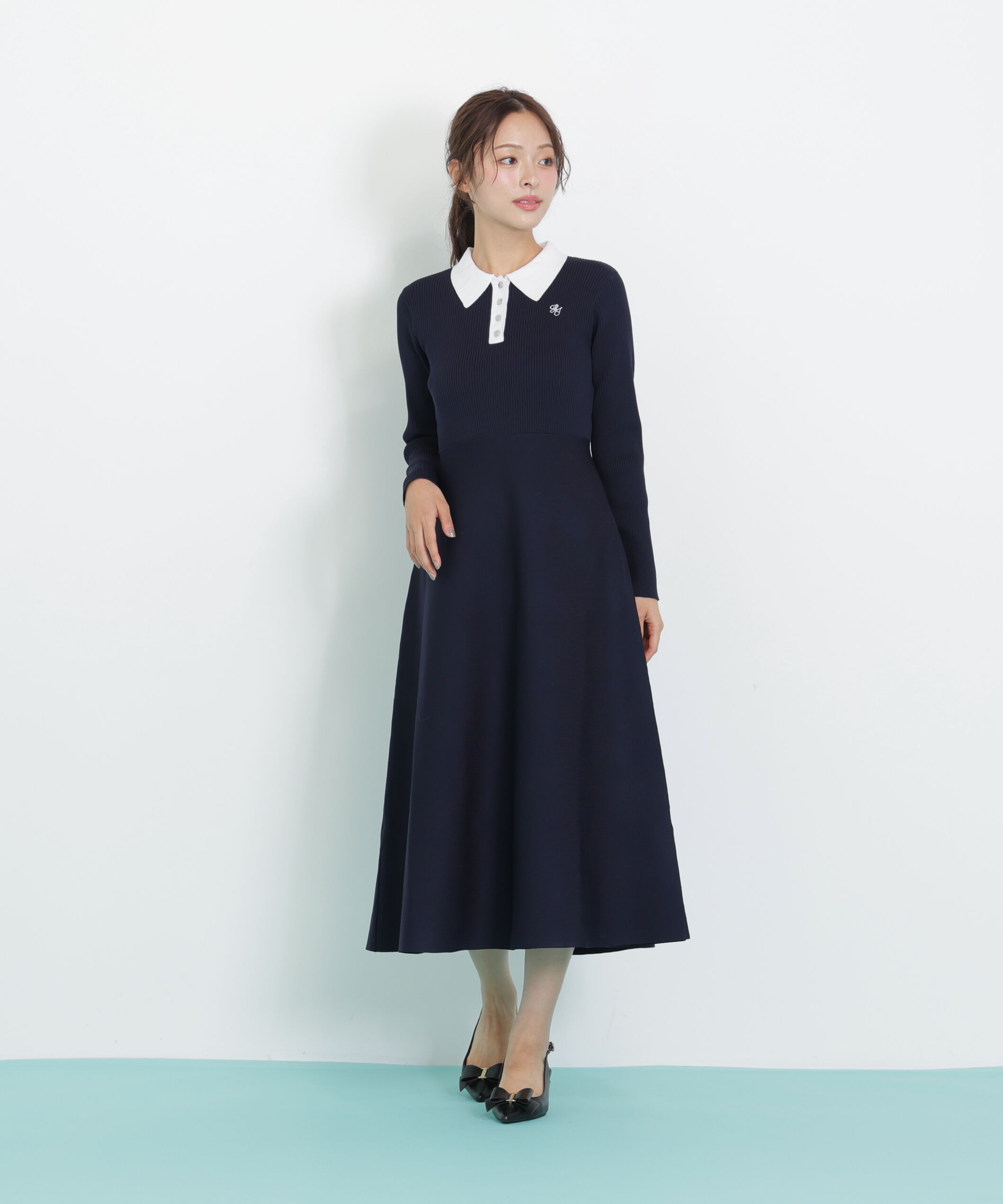  「長袖ポロネックニットワンピース」|ワンピース|