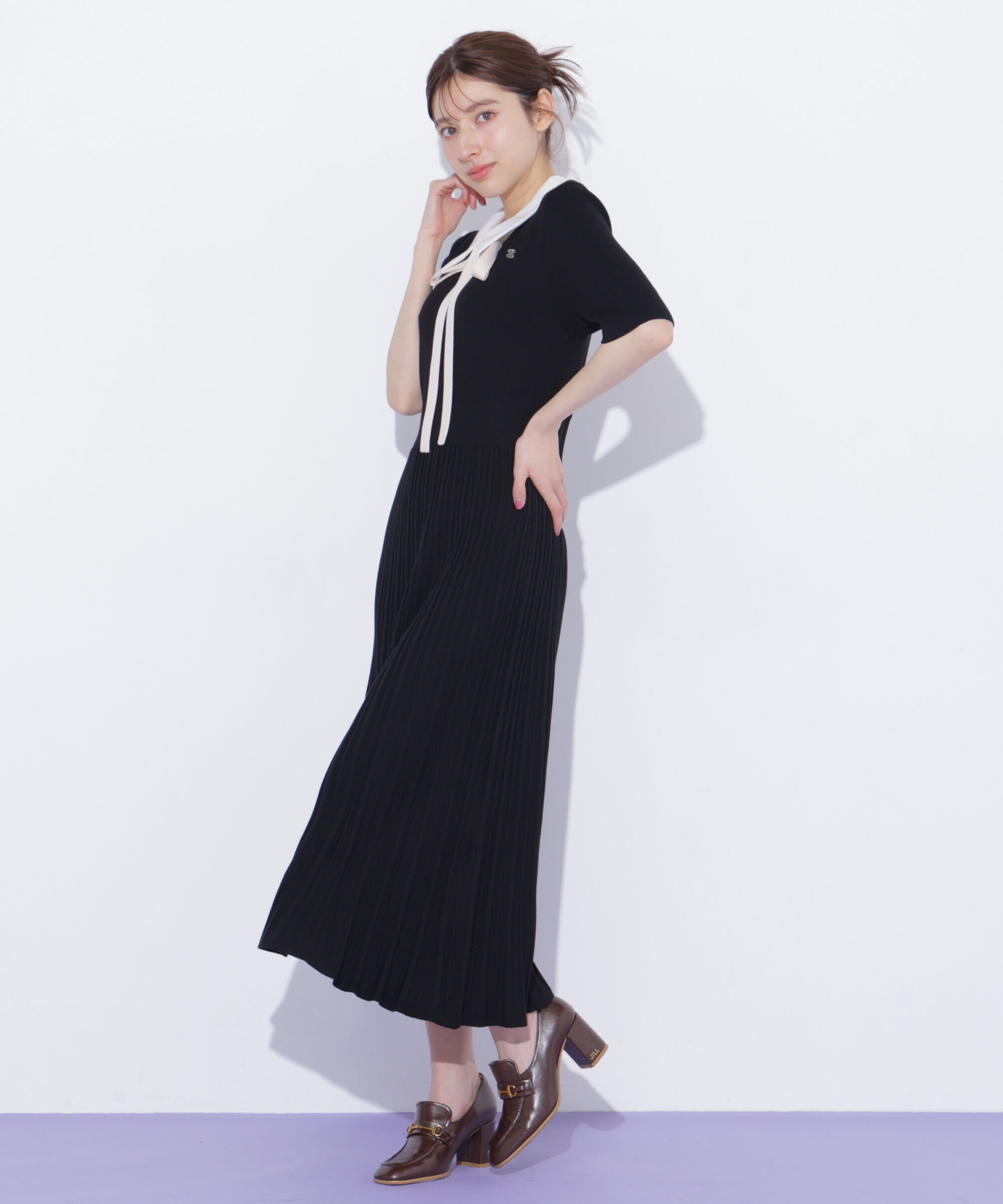 「襟付きプリーツニットワンピース」|ワンピース|