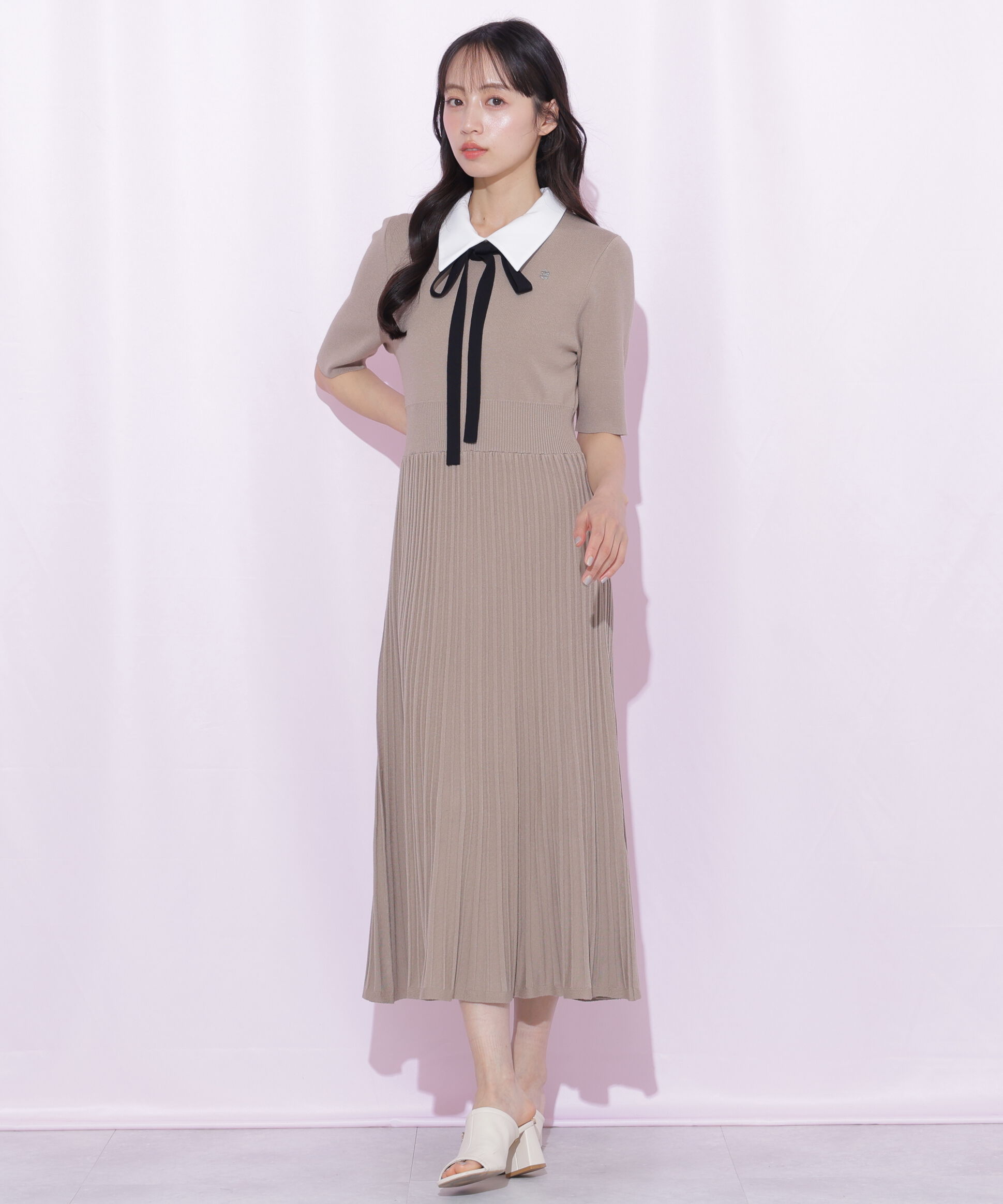  「襟付きプリーツニットワンピース」|ワンピース|