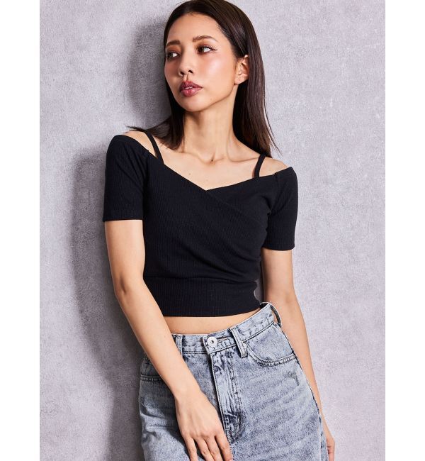 GYDA「ラメテレコハーフスリーブカシュクールオフショルショートTOPS」|Tシャツ・カットソー|