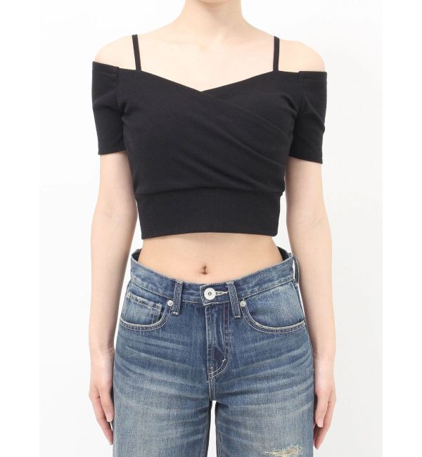 GYDA「ラメテレコハーフスリーブカシュクールオフショルショートTOPS」|Tシャツ・カットソー|