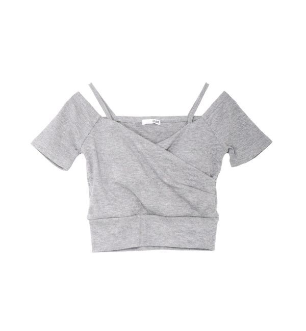 GYDA「ラメテレコハーフスリーブカシュクールオフショルショートTOPS」|Tシャツ・カットソー|