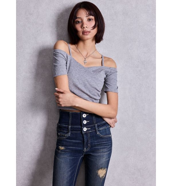 GYDA「ラメテレコハーフスリーブカシュクールオフショルショートTOPS」|Tシャツ・カットソー|