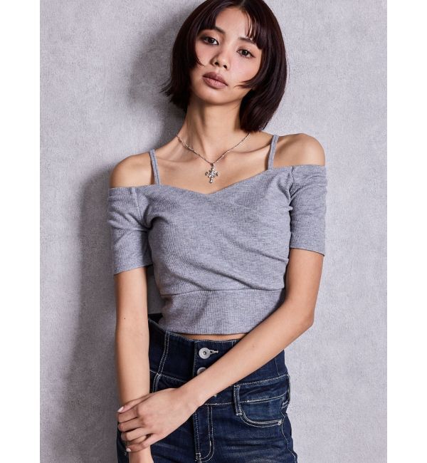 GYDA「ラメテレコハーフスリーブカシュクールオフショルショートTOPS」|Tシャツ・カットソー|グレー