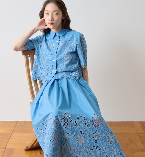 TIARA「カットワークレースショートスリーブシャツ」|シャツ・ブラウス|ブルー