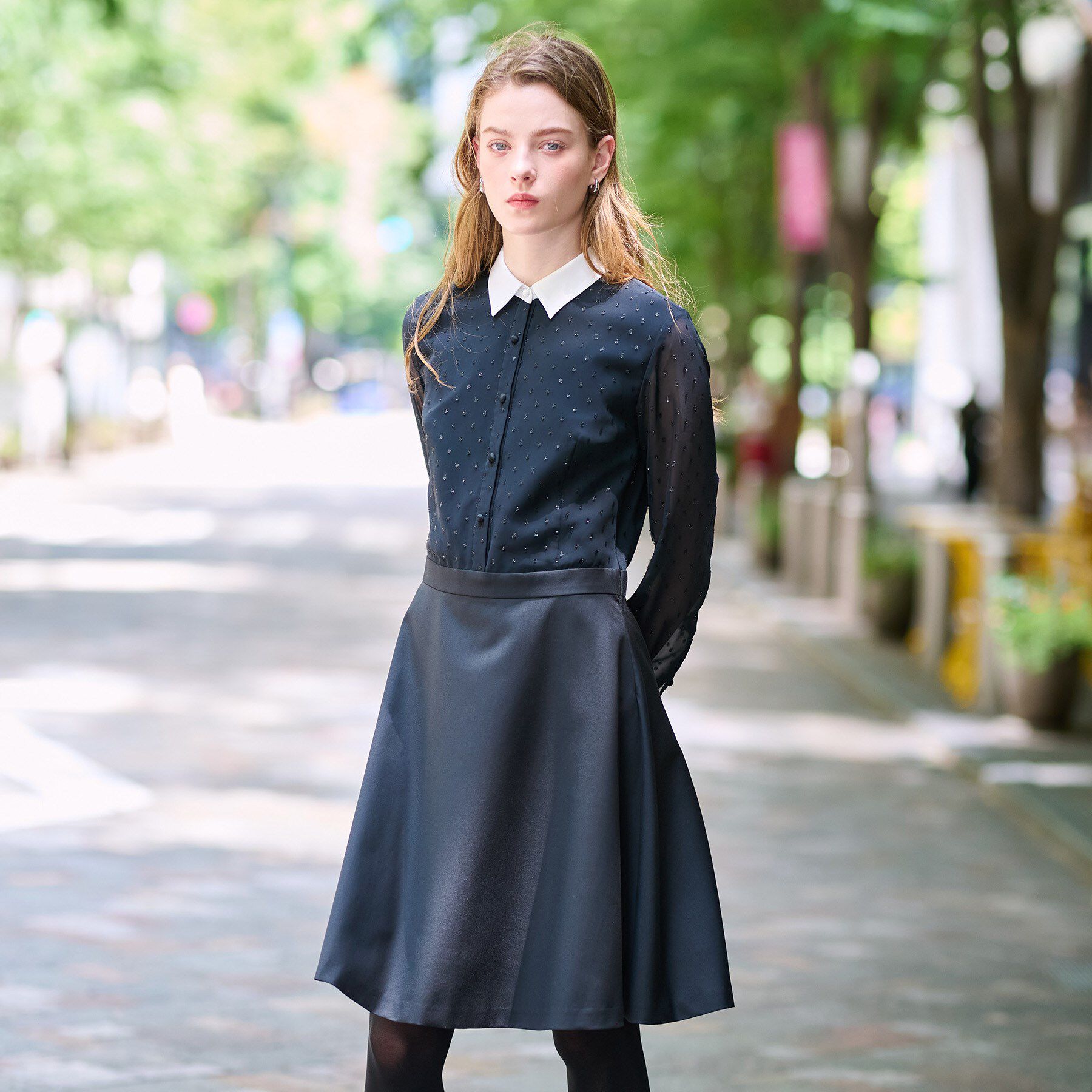 DRESSTERIOR「【ウォッシャブル/きれいめ】フィルムドットクレリックワンピース」|ワンピース|