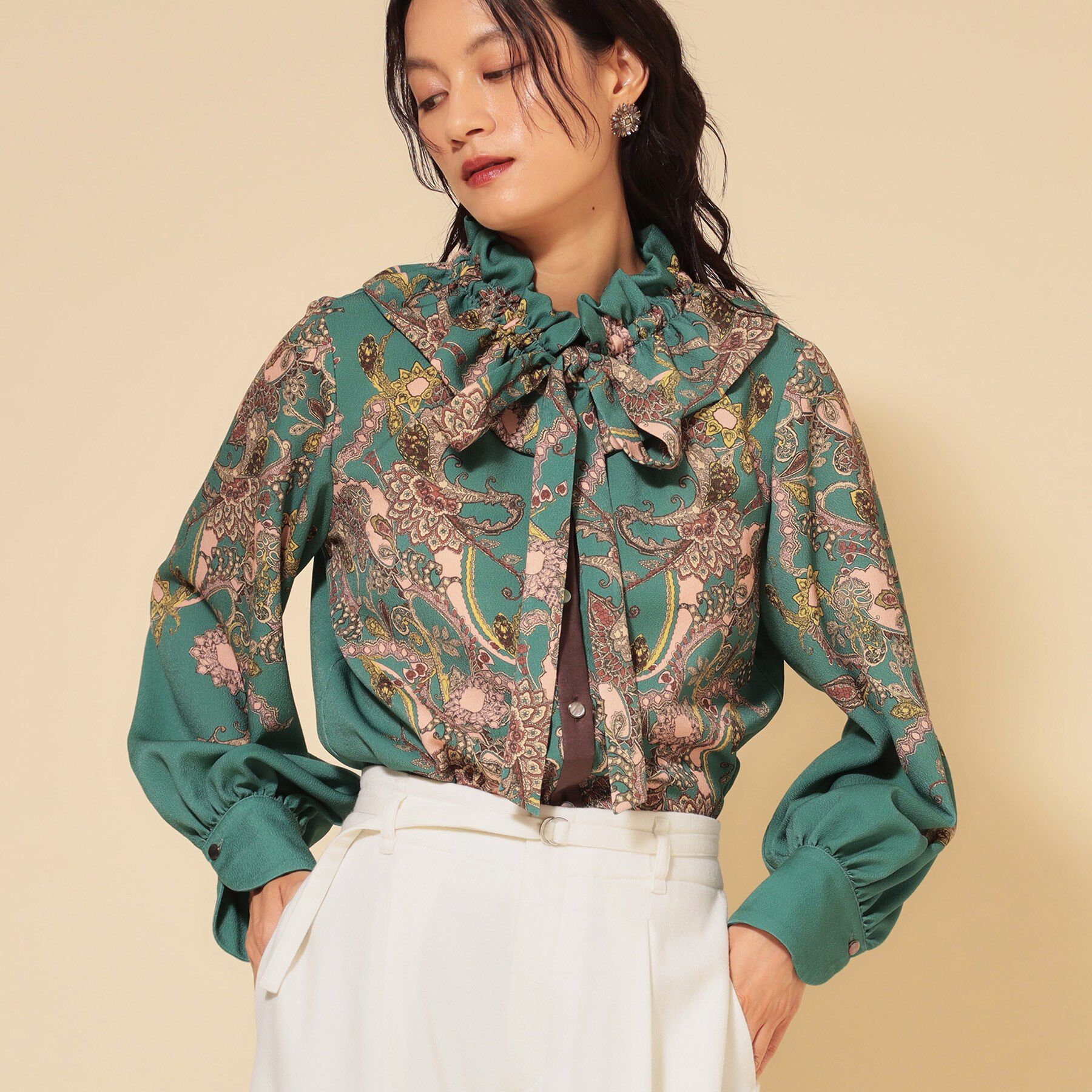 SunaUna「【COLLECTION LINE】オリエンタルパネル柄ブラウス」|シャツ・ブラウス|グリーン(122)