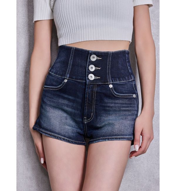 GYDA「ハイウエストボタンBACKカーブクロスGYDA chainデニムショートパンツ」|デニム|