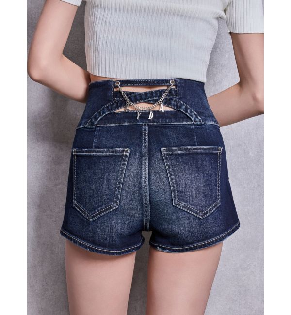GYDA「ハイウエストボタンBACKカーブクロスGYDA chainデニムショートパンツ」|デニム|インディゴ