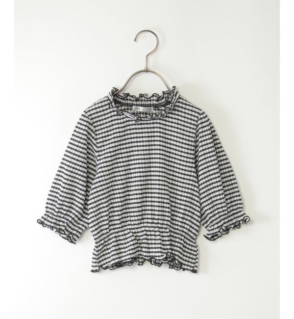 ikka kids「ブラウスライクチェック7分袖プルオーバー（120~160cm）」|Tシャツ・カットソー|ブラック