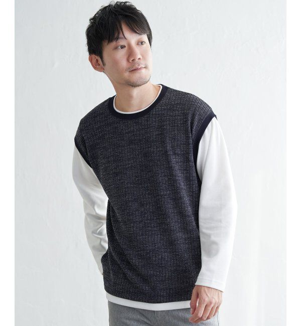 ikka「ビッグワッフルフェイクベストロンT」|Tシャツ・カットソー|ネイビーブルー