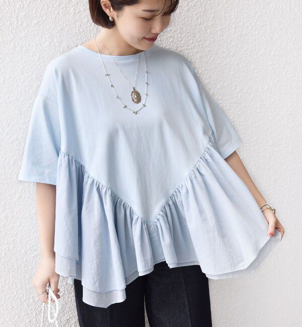 SHIPS for women「《予約》【WEB限定】〈手洗い可能〉ランダム ギャザー ドッキング TEE」|Tシャツ・カットソー|スカイブルー