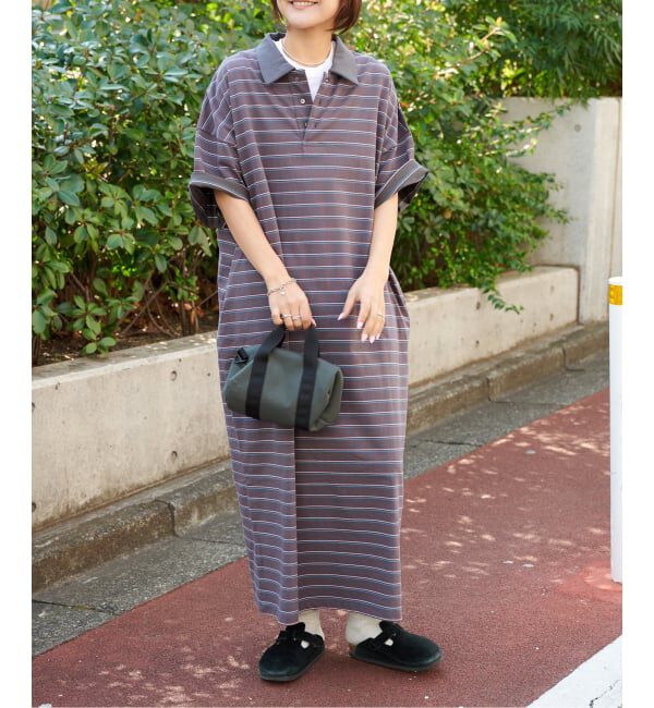 OUTDOOR PRODUCTS Usual Things「ボーダーポロシャツワイドワンピース」|ワンピース|