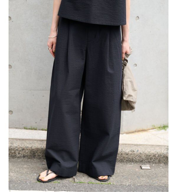 OUTDOOR PRODUCTS Usual Things「≪予約≫コットンサッカーベルテッドタックワイドパンツ」|スラックス|ブラック