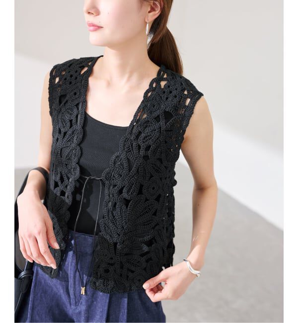 FRAMeWORK「≪追加≫コットンレースエンブロイダリーVEST」|ダウンベスト・ベスト|ブラック