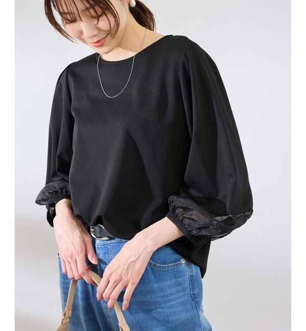 Rope&rsquo;Picnic「【WEB限定カラー:ネイビー,ピンク】袖シアーカットトップス」|Tシャツ・カットソー|ブラック(01)