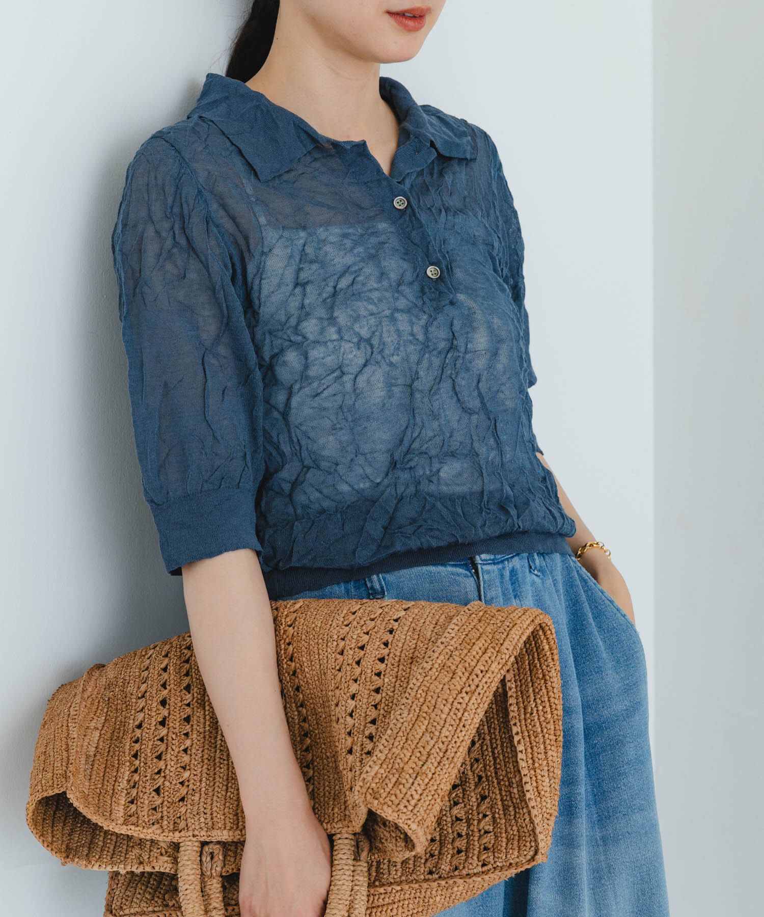 URBAN RESEARCH「new basic　リネン混ワッシャーシャツカラーニット」|ニット・セーター|グレー系その他