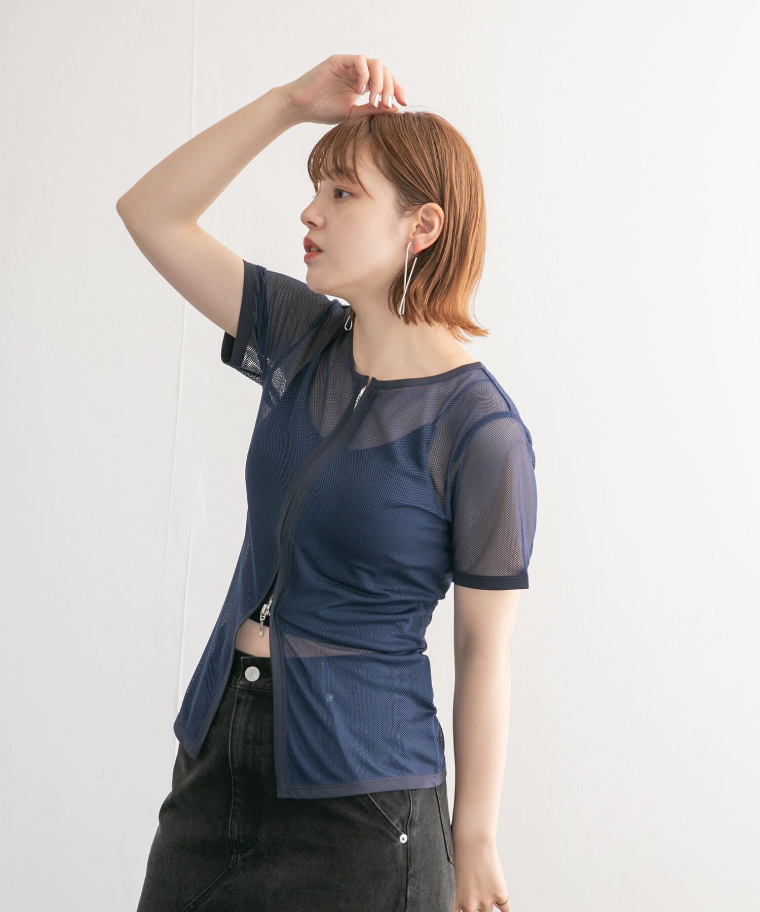 「メッシュZIPトップス」|Tシャツ・カットソー|ネイビー
