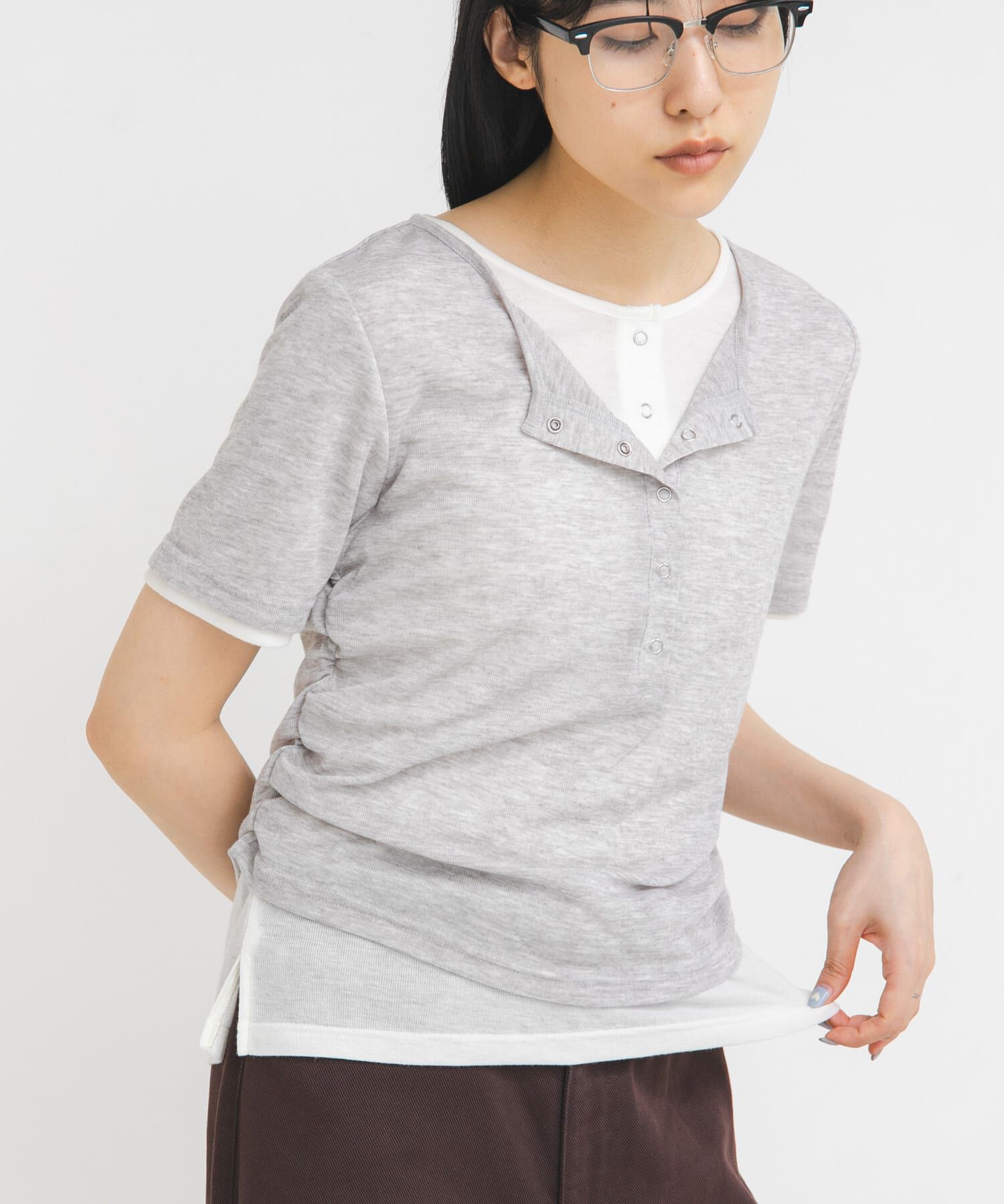  「バイカラーヘンリーネックTEE」|Tシャツ・カットソー|ライトグレー