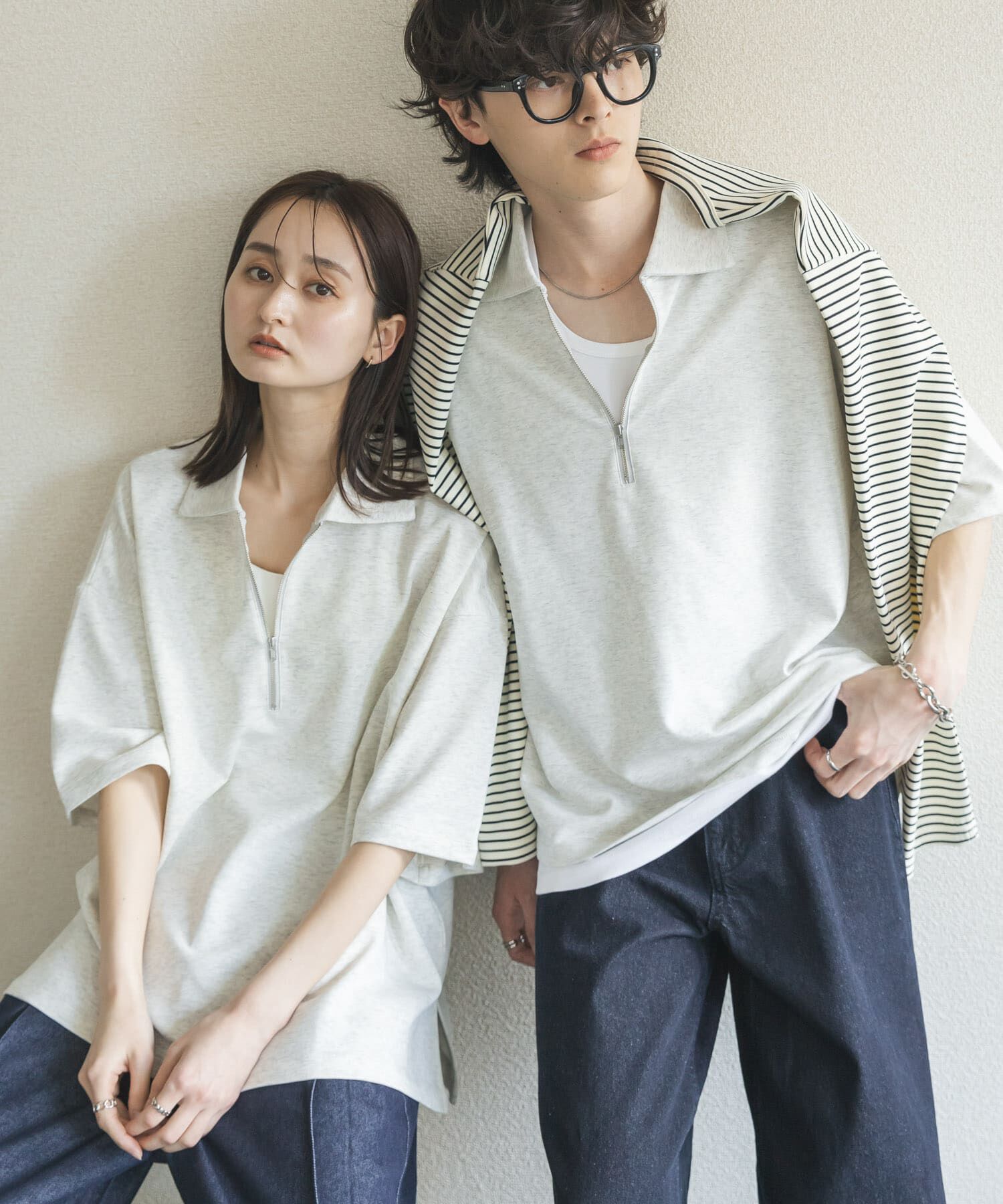 SENSE OF PLACE by URBAN RESEARCH「ダンボールポンチハーフジップショートスリーブTシャツ」|Tシャツ・カットソー|ライトグレー