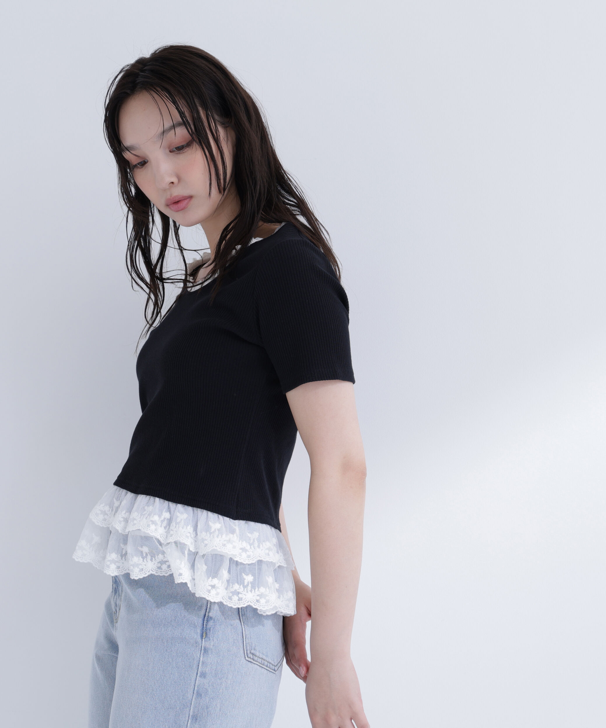  「レースドッキングフリルカットソー」|Tシャツ・カットソー|