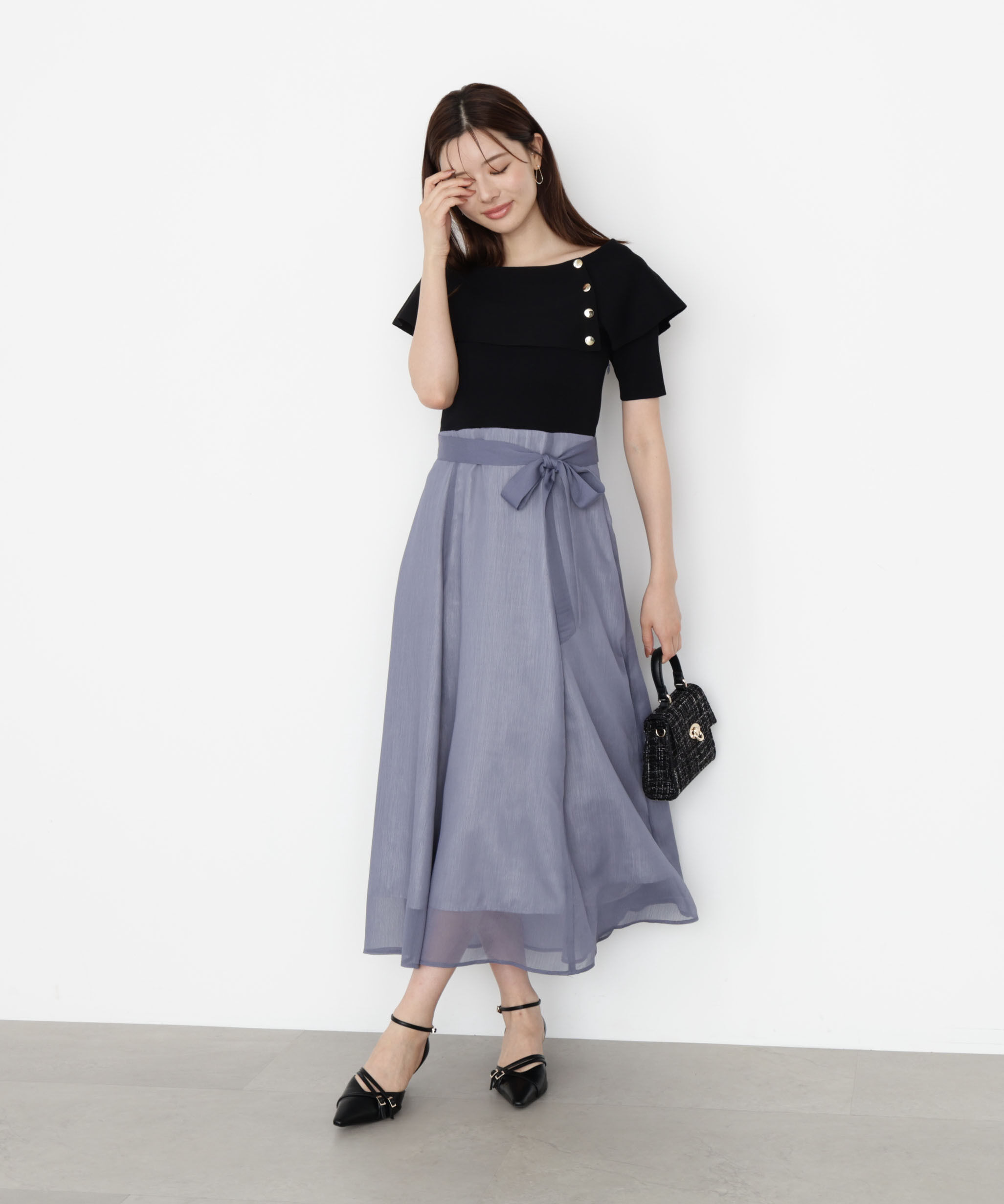 PROPORTION BODY DRESSING「ケープ風ニットドッキングワンピース 25AW」|ワンピース|ブルー&times;ブラッ