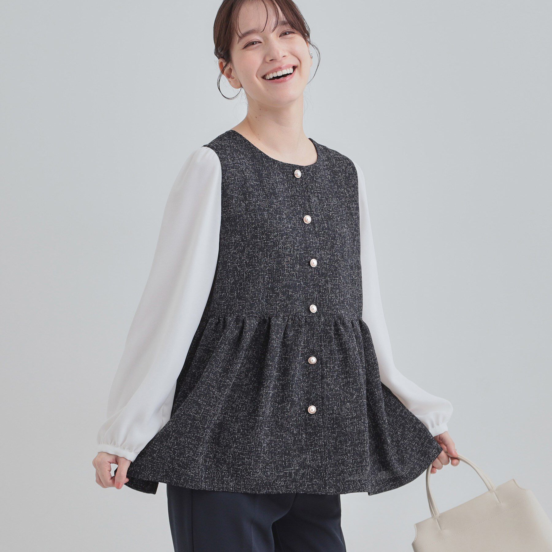 SHOO･LA･RUE「【洗濯機可】時短できちんと見えが叶う フェイクレイヤードブラウス」|シャツ・ブラウス|ネイビー(094)
