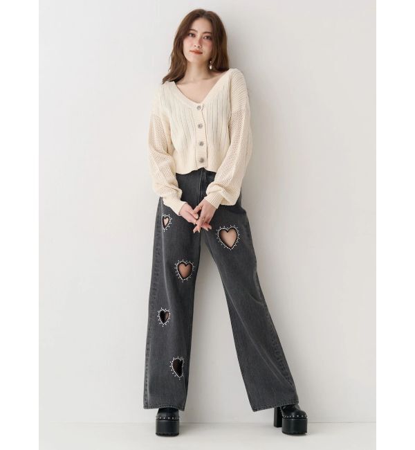 EVRIS「ビジューハートカッティングワイドデニムパンツ」|デニム|