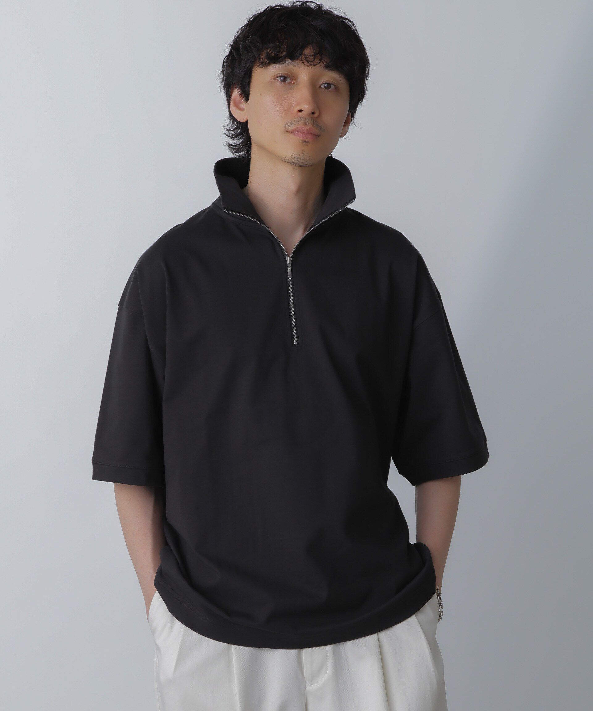 nano･universe「HALF ZIP ワイドシルエット Tシャツ 半袖」|Tシャツ・カットソー|ブラック