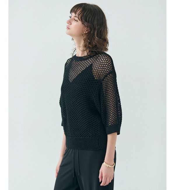 BEIGE,「【洗える】ALOE / コットンメッシュ半袖クルーネックニット」|ニット・セーター|Black