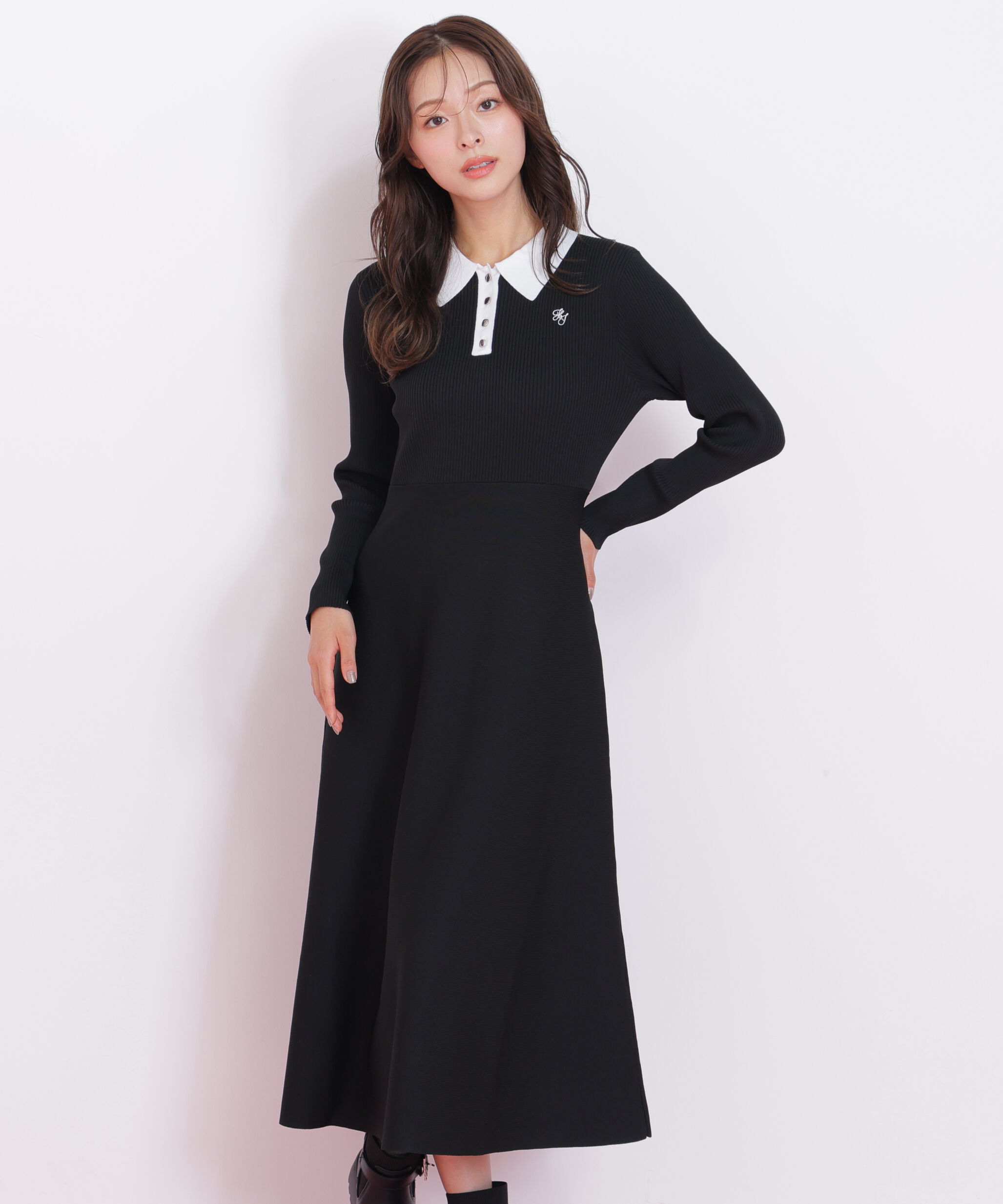  「長袖ポロネックニットワンピース」|ワンピース|
