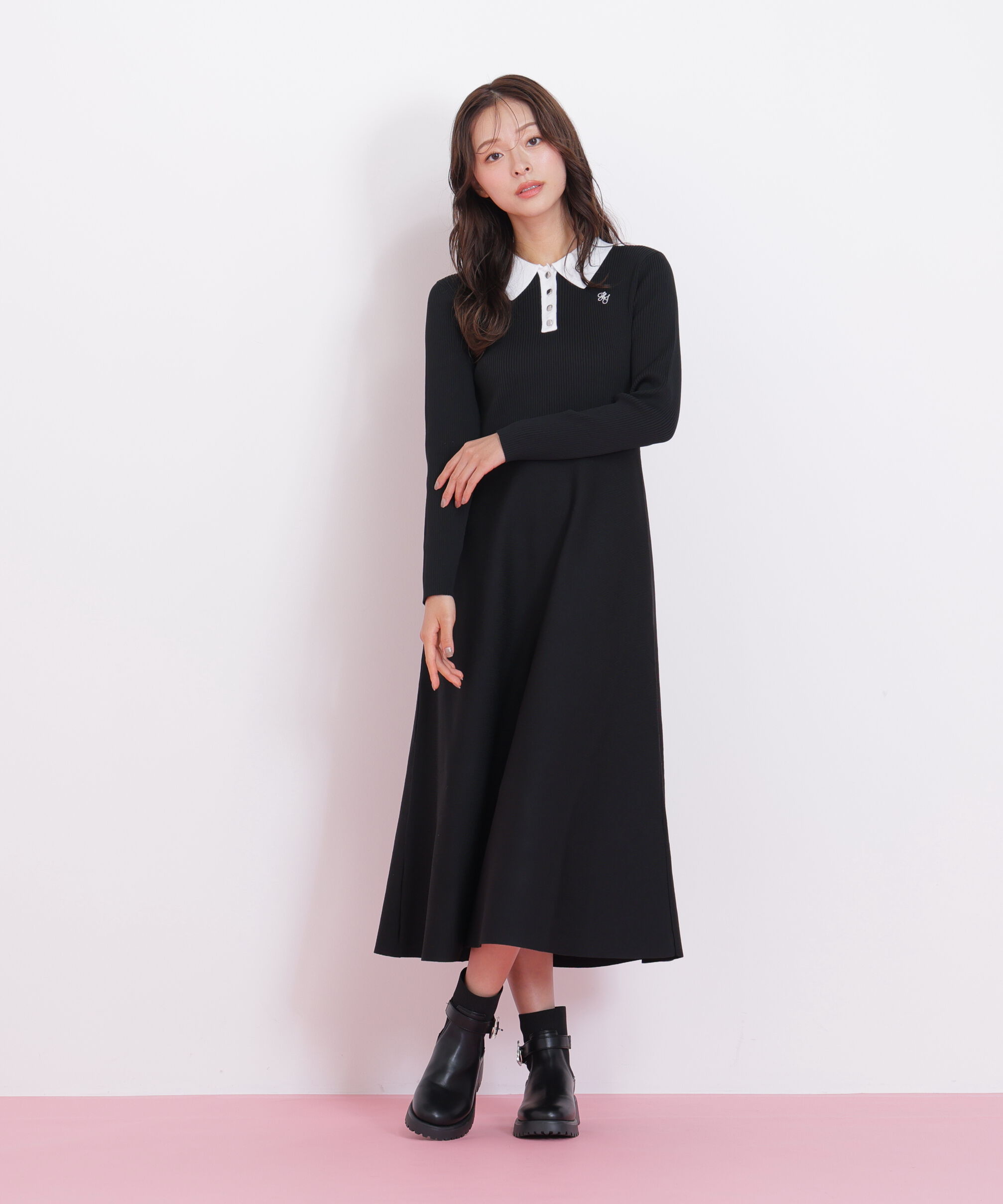  「長袖ポロネックニットワンピース」|ワンピース|