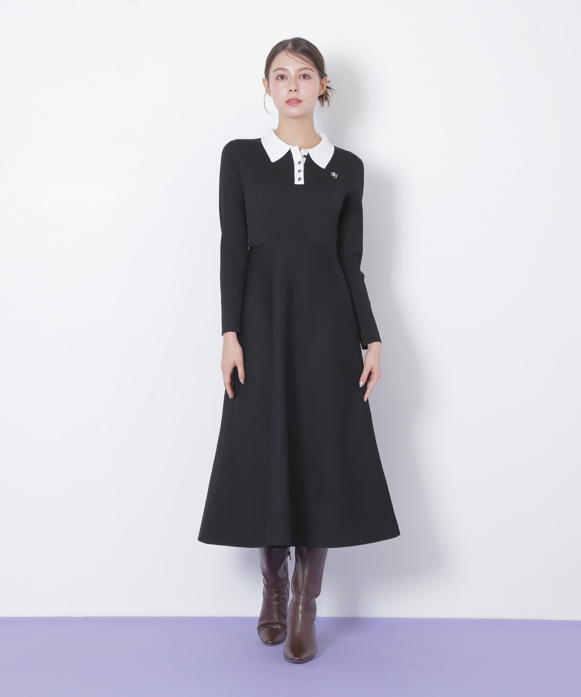  「長袖ポロネックニットワンピース」|ワンピース|