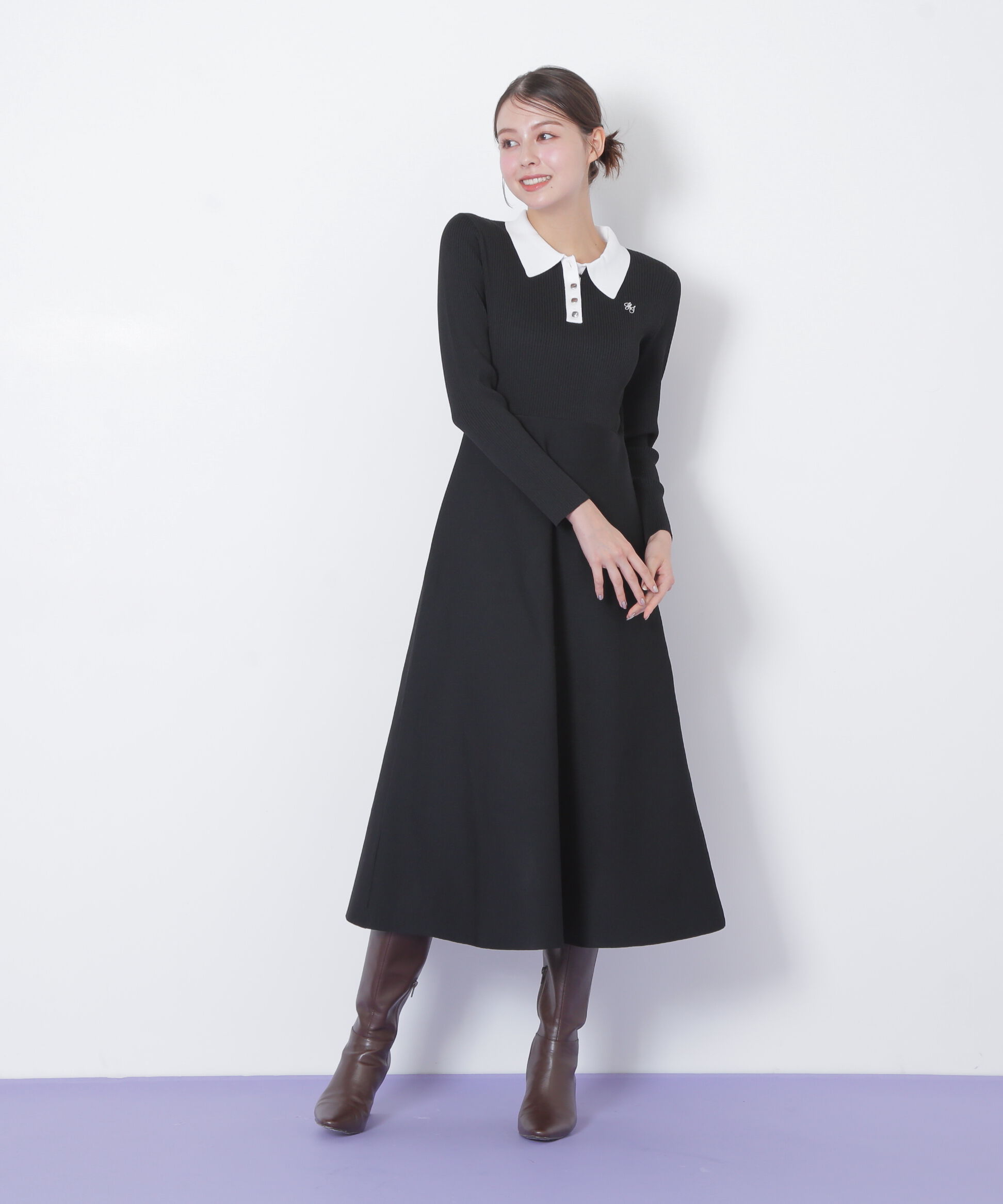  「長袖ポロネックニットワンピース」|ワンピース|