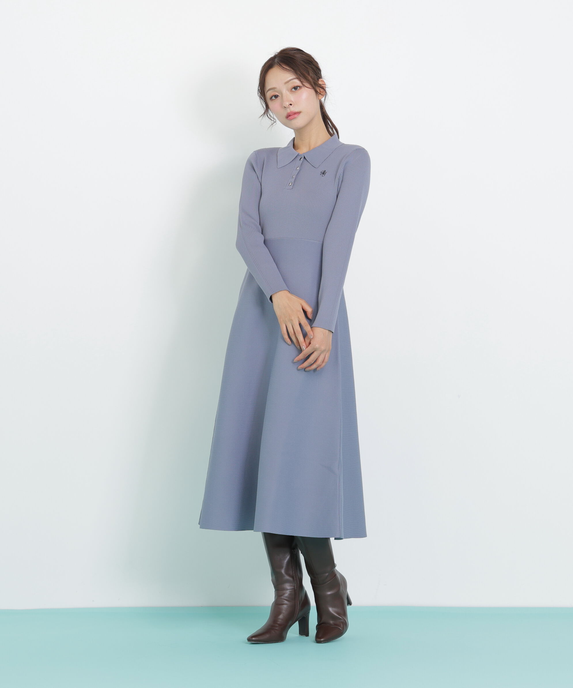  「長袖ポロネックニットワンピース」|ワンピース|