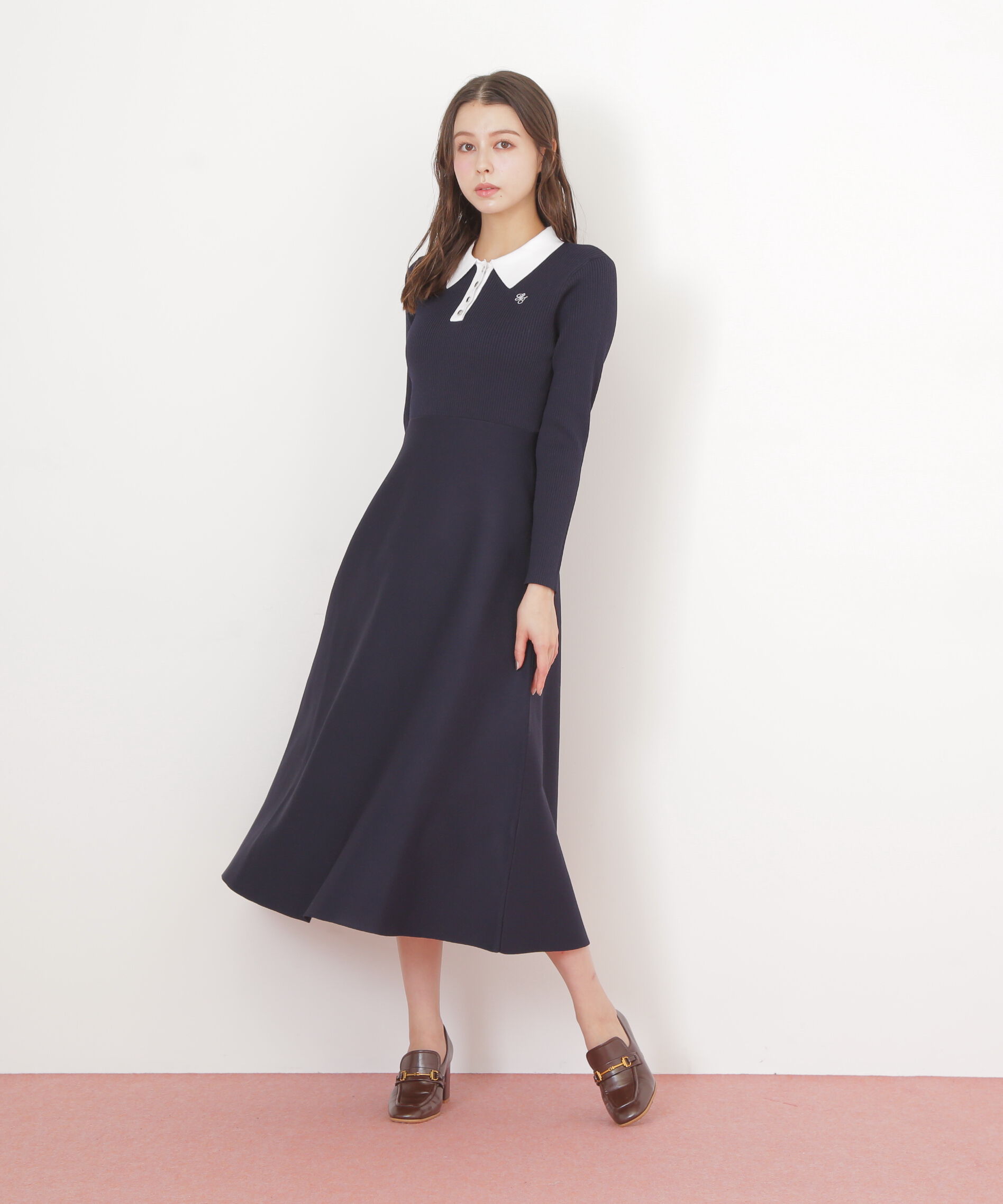  「長袖ポロネックニットワンピース」|ワンピース|
