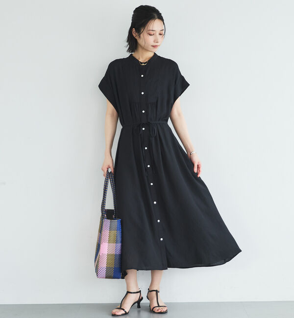 Doux archives「ウォッシャブルリネンライクバンドカラーシャツワンピーズ」|ワンピース|BLACK