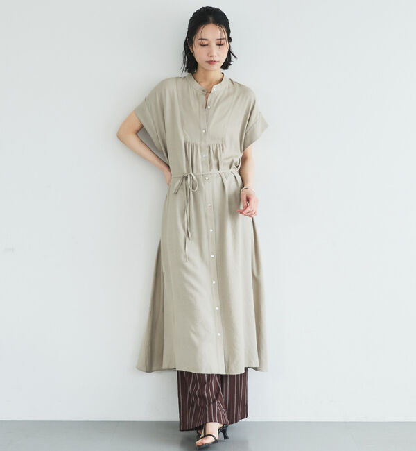 Doux archives「ウォッシャブルリネンライクバンドカラーシャツワンピーズ」|ワンピース|