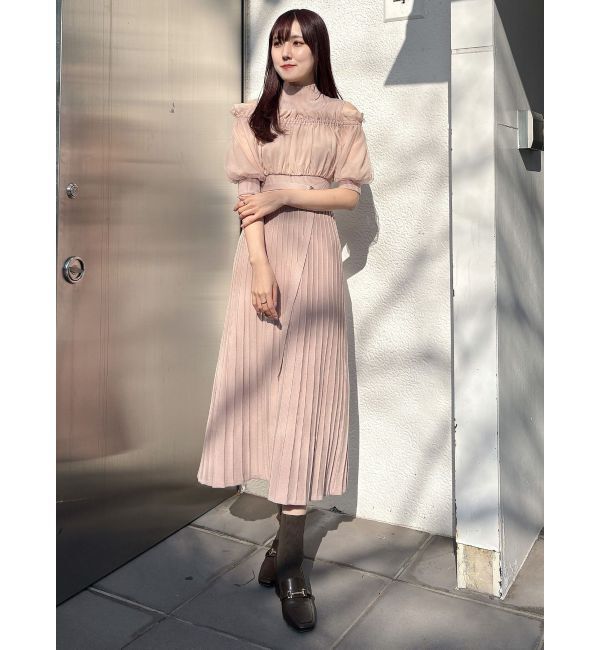 MERCURYDUO「異素材ドッキングオフショルニットハーフスリーブワンピース」|ワンピース|