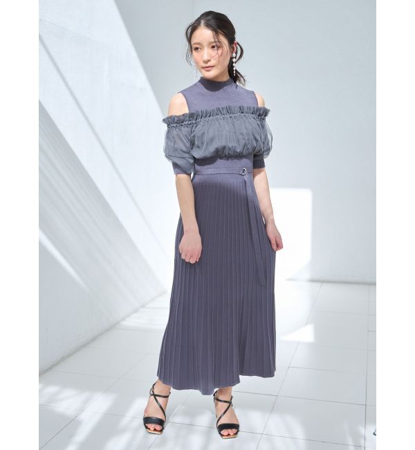 MERCURYDUO「異素材ドッキングオフショルニットハーフスリーブワンピース」|ワンピース|グレー