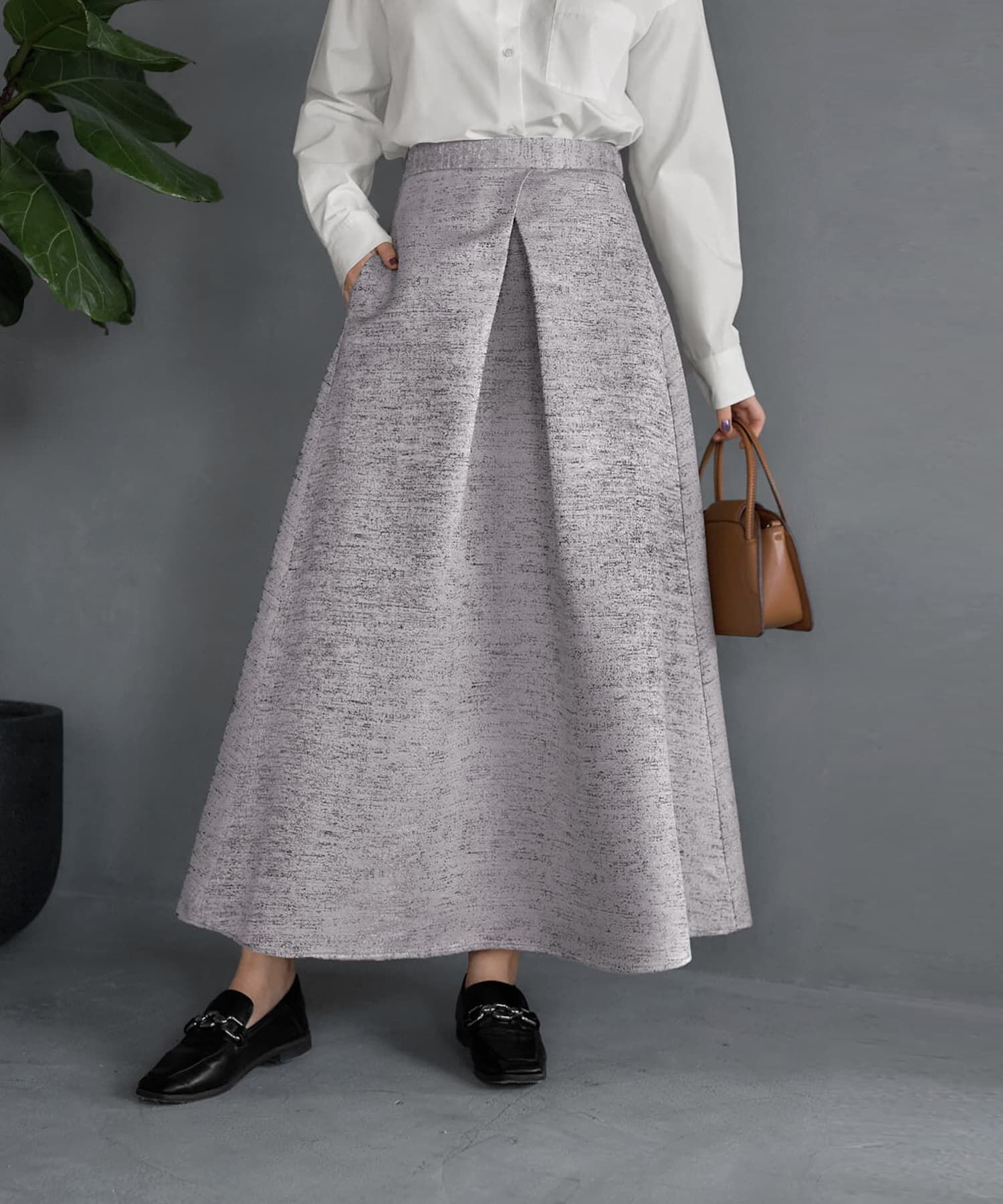 STYLE DELI「【LUXE】微光沢ジャガードマキシ丈タックスカート／90cm」|スカート|グレー