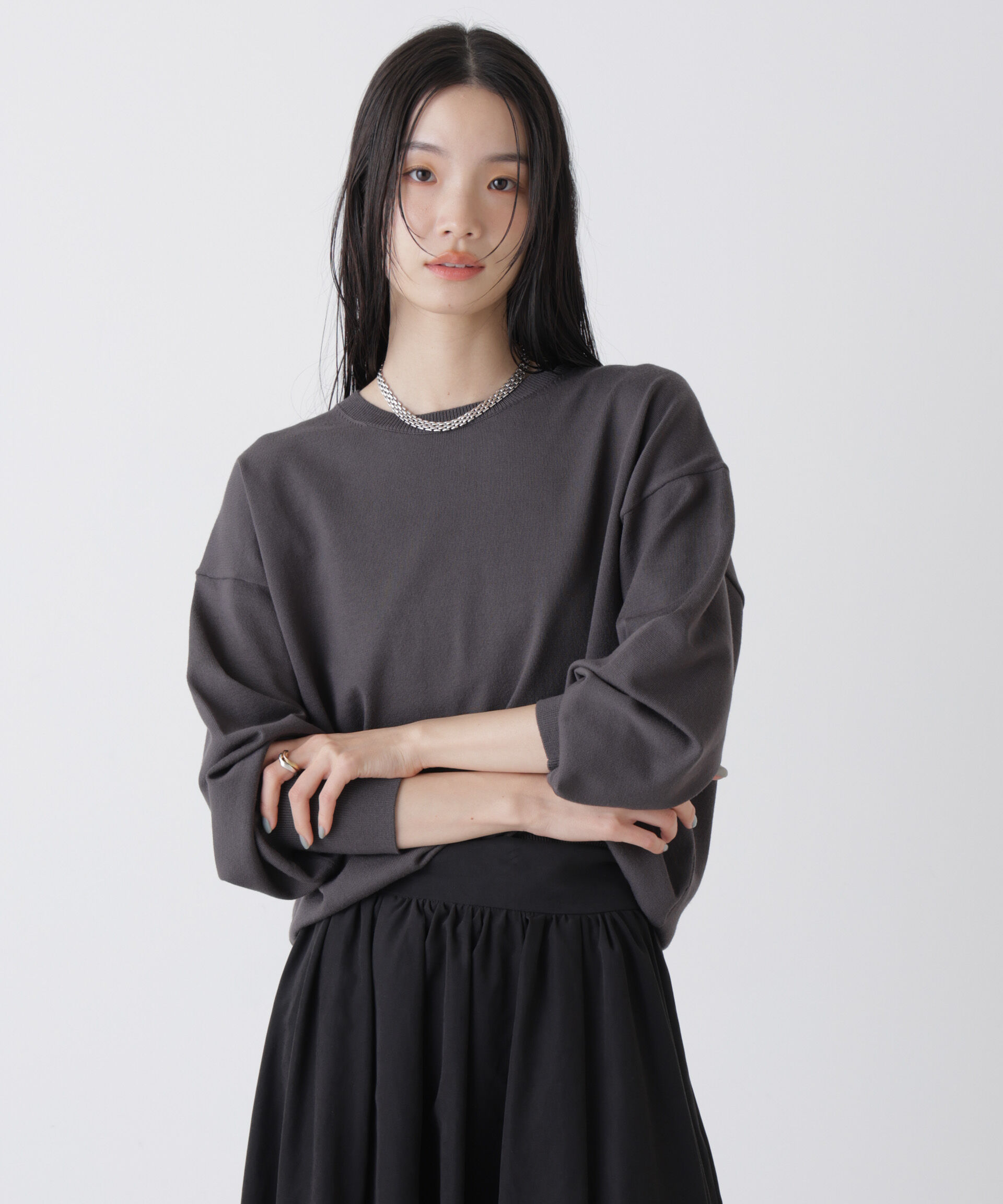 nano･universe「洗濯機洗可バンブーレーヨンニット ワイドクルーネックプルオーバー」|ニット・セーター|チャコール3