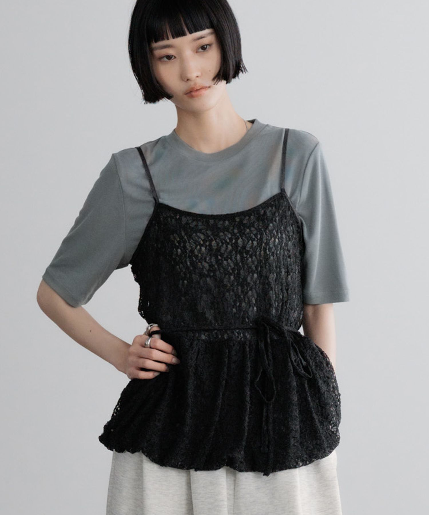 LOWRYS FARM「ドットレースチュールキャミ」|Tシャツ・カットソー|BLK