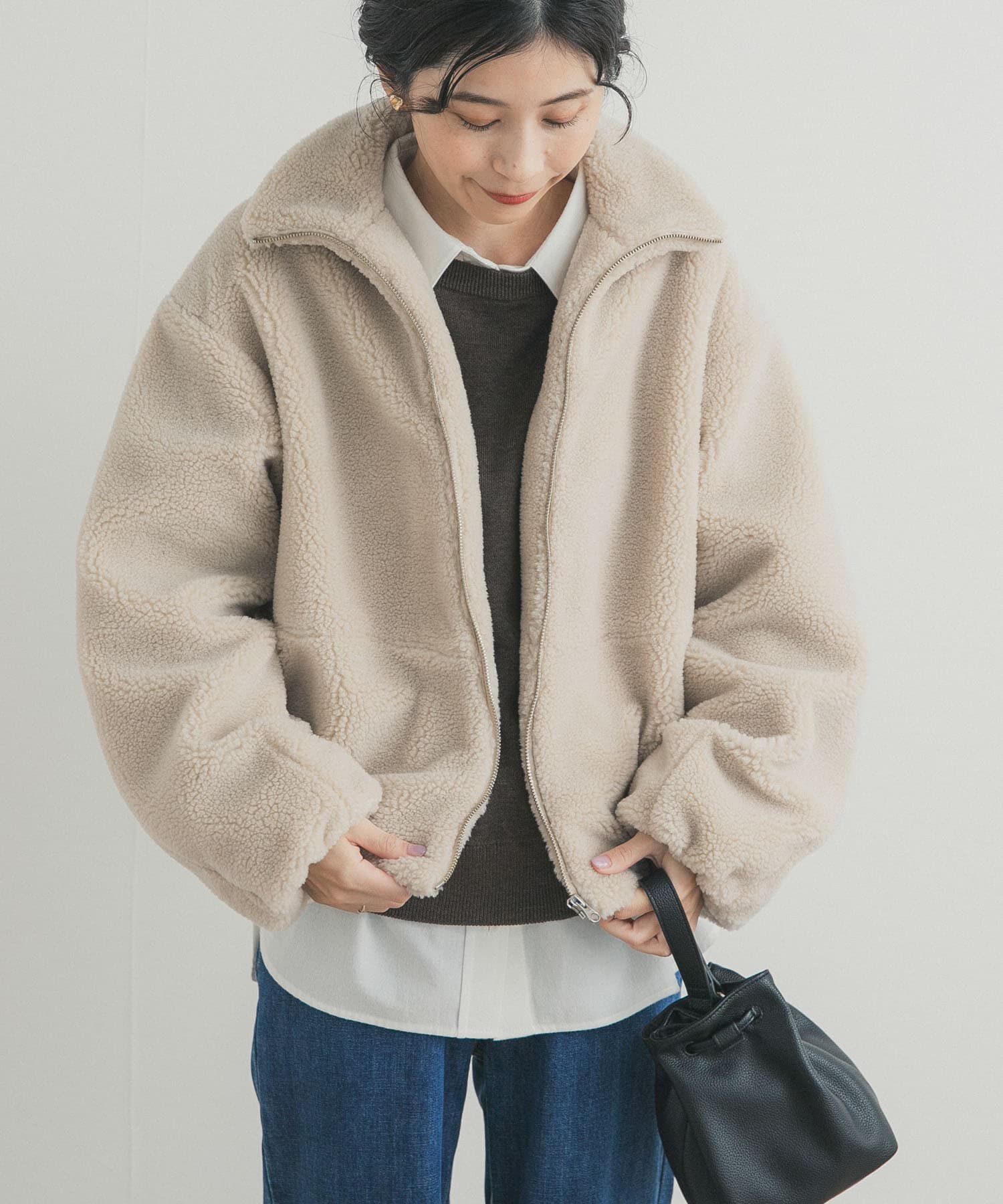 URBAN RESEARCH DOORS「ZIPボアブルゾン」|ノーカラーコート|
