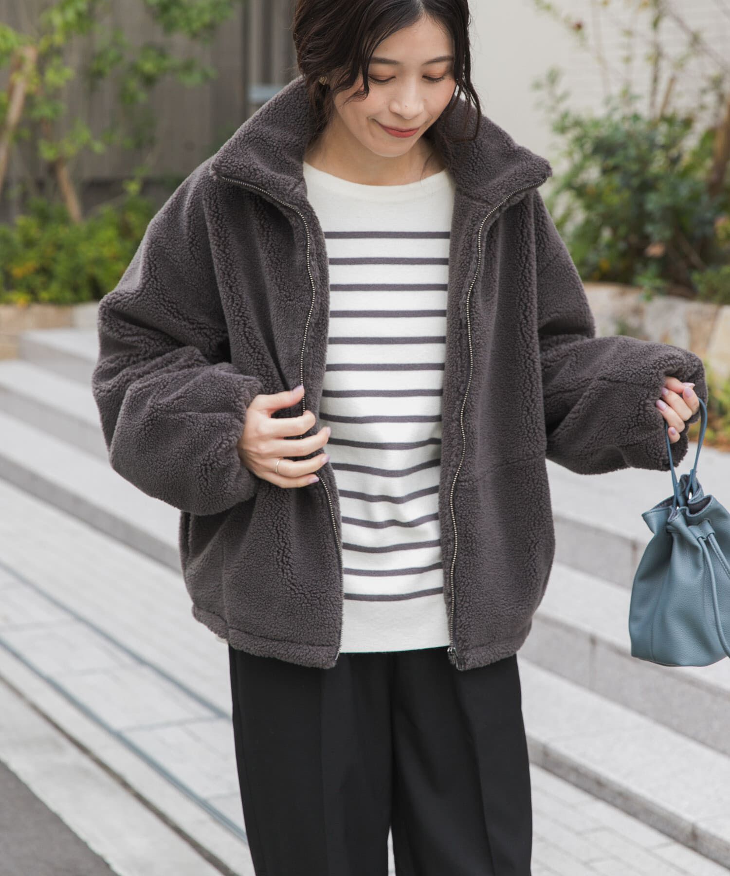 URBAN RESEARCH DOORS「ZIPボアブルゾン」|ノーカラーコート|